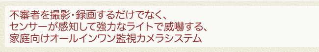 不審者を撮影・録画するだけでなく、センサーが感知して強力なライトで威嚇する、家庭向けオールインワン監視カメラシステム