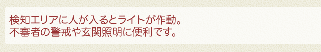 検知エリアに人が入るとライトが作動。不審者の警戒や玄関照明に便利です。