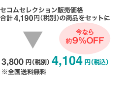 セコムセレクション販売価格合計4,399円(税込)のところご提供価格4,200円(税込)今なら更に5%OFF。提供価格3,990円(税込)