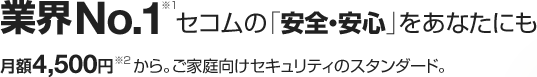 業界NO.1の「安全・安心」をあなたにも 月額4,500円から。ご家庭向けセキュリティのスタンダード。