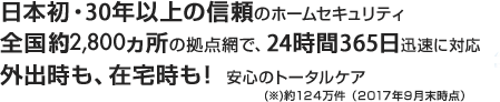 日本初・25年以上の信頼のホームセキュリティ 全国2,750ヵ所の拠点網で、24時間365日迅速に対応 外出時も、在宅時も! 安心のトータルケア(※)約44万8,000件(2009年3月末現在)