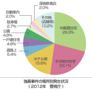 強姦事件の場所別発生状況 2012年 警視庁