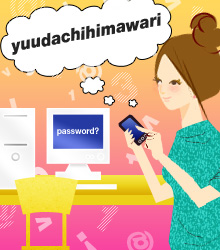 イラスト：パソコンと携帯の前でパスワードを考える女性。