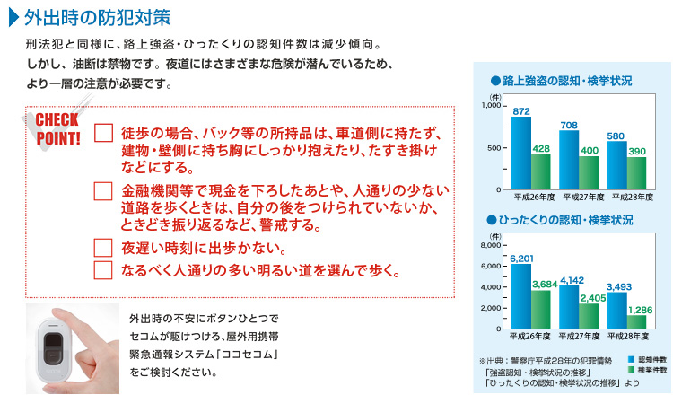 外出時の防犯対策 刑法犯と同様に、路上強盗・ひったくりの認知件数は減少傾向。 しかし、油断は禁物です。夜道にはさまざまな危険が潜んでいるため、より一層の注意が必要です。