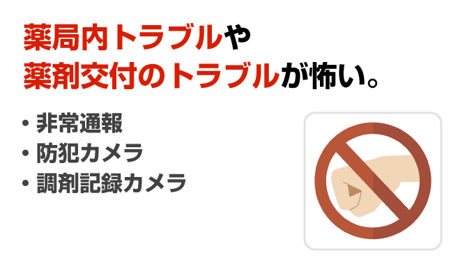 薬局内トラブルや薬剤交付のトラブルが怖い。