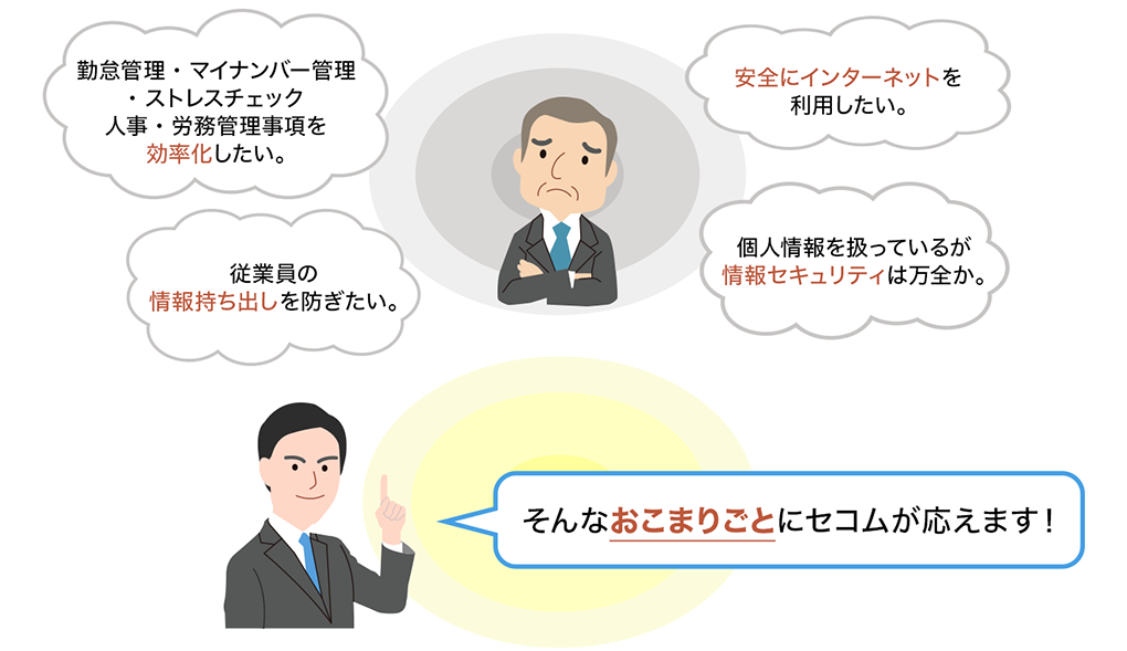 勤怠管理・マイナンバー管理・ストレスチェック人事・労務管理事項を効率化したい。従業員の情報持ち出しを防ぎたい。安全にインターネットを利用したい。個人情報を取り扱っているが情報セキュリティは万全か。そんなおこまりごとにセコムが応えます！