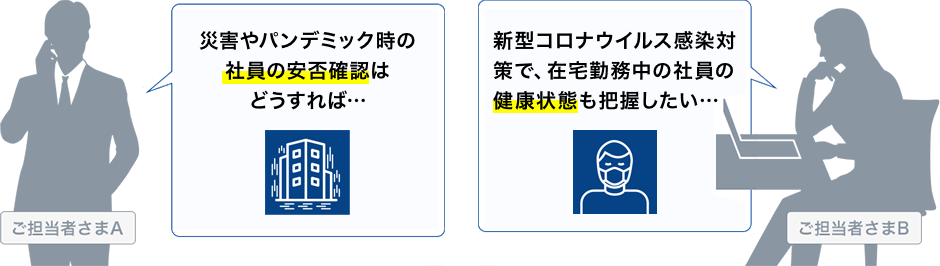 災害やパンデミック時の社員の安否確認はどうすれば… 新型コロナウイルス感染対策で、在宅勤務中の社員の健康状態も把握したい…