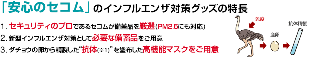 「安心のセコム」のインフルエンザ対策グッズの特長 1．セキュリティのプロであるセコムが備蓄品を厳選（PM2.5にも対応）2．新型インフルエンザ対策として必要な備蓄品が一式そろう 3．ダチョウの卵から精製した“抗体（※1）”を塗布した高機能マスクをご用意