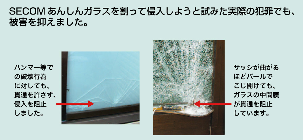 写真:SECOMあんしんガラスを割って侵入しようと試みた実際の犯罪でも、侵入を阻止しており効果は立証済です。ハンマー等での破壊行為に対しても、貫通を許さず、侵入を阻止しました。|サッシが曲がるほどバールでこじ開けても、ガラスの中間膜が貫通を阻止しています。