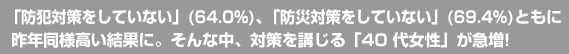 「防犯対策をしていない」(64.0%)、「防災対策をしていない」(69.4%)ともに昨年同様高い結果に。そんな中、対策を講じる「40 代女性」が急増!