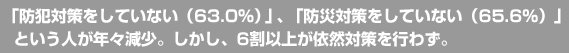 「防犯対策をしていない（63.0％）」、「防災対策をしていない（65.6％）」という人が年々減少。しかし、6割以上が依然対策を行わず。