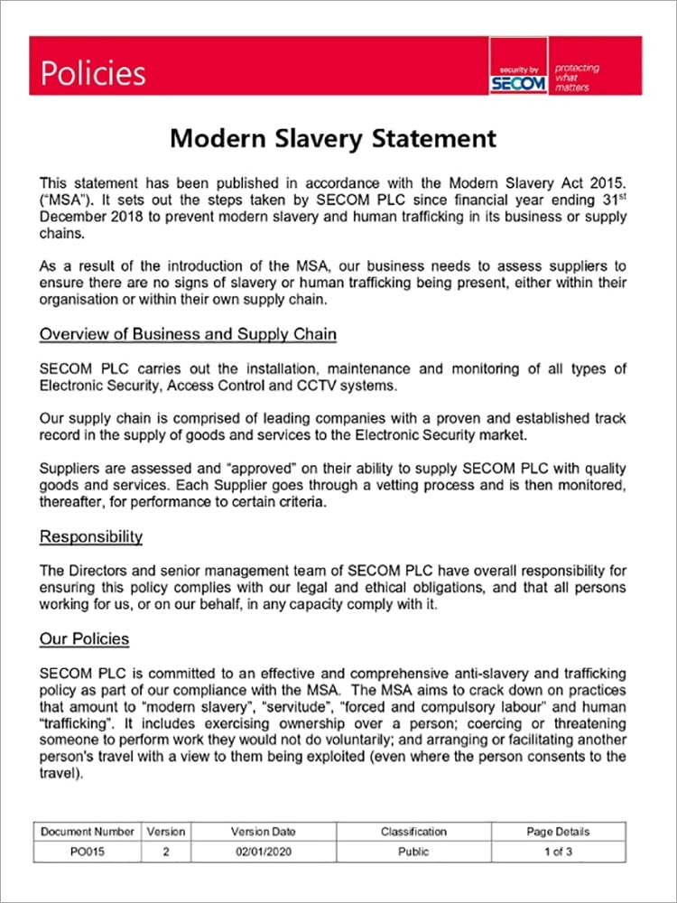 図：セコムPLC「現代奴隷に関する宣言」