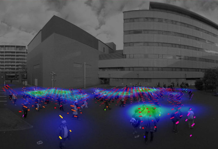 図：群衆の動きや密度を画像から自動解析する