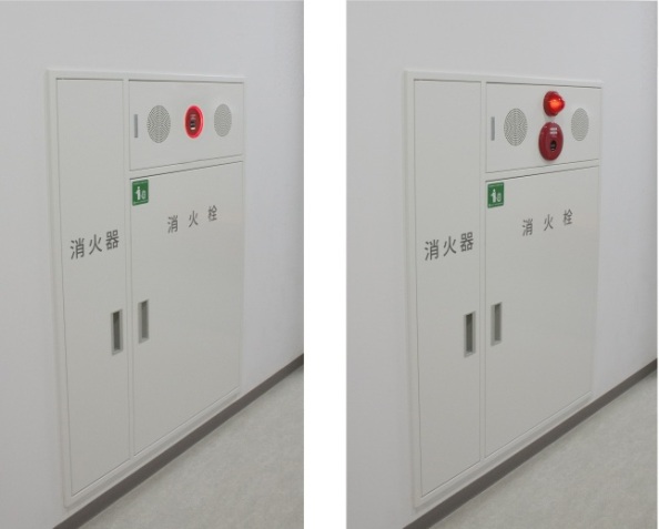 すっきりとしたデザインが評価された「リング型表示灯付発信機」(左)と壁面から突出していた従来の製品(右)