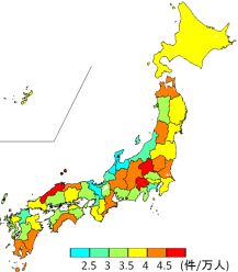 2014年の都道府県別の出火率（消防白書をもとに作成）
