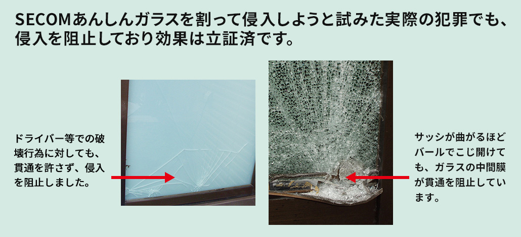 SECOMあんしんガラスを割って侵入しようと試みた実際の犯罪でも、侵入を阻止しており効果は立証済です。ハンマー等での破壊行為に対しても、貫通を許さず、侵入を阻止しました。|サッシが曲がるほどバールでこじ開けても、ガラスの中間膜が貫通を阻止しています。