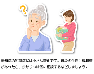 認知症の初期症状は小さな変化です。普段の生活に違和感があったら、かかりつけ医に相談するなどしましょう。