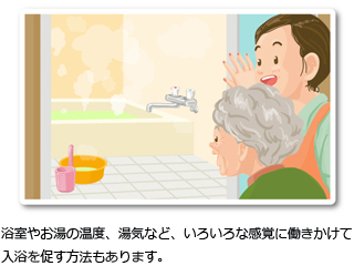 浴室やお湯の温度、湯気など、いろいろな感覚に働きかけて入浴を促す方法もあります。