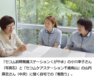 自宅での看取りをテーマに「セコム訪問看護ステーションくがやま」の小川幸子さん(写真右)と、「セコムケアステーション千歳烏山」の山内麻衣さん(中央)に聞く自宅での「看取り」。