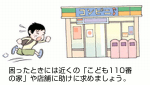 困ったときには近くの「こども110番の家」や店舗に助けに求めましょう。