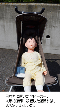 日なたに置いたベビーカー。人形の頭部に設置した温度計は、50℃を示しました。