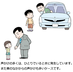 声かけの多くは、ひとりでいるときに発生しています。また車のなかからの声かけも多いケースです。