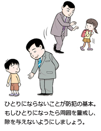 ひとりにならないことが防犯の基本。もしひとりになったら周囲を警戒し、隙を与えないようにしましょう。