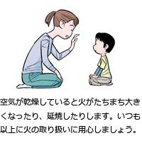 空気が乾燥していると火がたちまち大きくなったり、延焼したりします。いつも以上に火の取り扱いに用心しましょう。