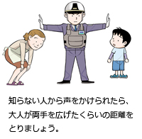 知らない人から声をかけられたら、大人が両手を広げたくらいの距離をとりましょう。