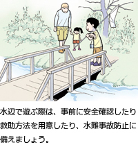 水辺で遊ぶ際は、事前に安全確認したり救助方法を用意したり、水難防止に備えましょう。