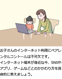 お子さんのインターネット利用にペアレンタルコントロールは不可欠です。インターネット端末が身近な今、SNSやアプリ、ゲームなどとのかかわり方を具体的に教えましょう。