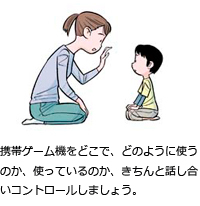 携帯ゲーム機をどこで、どのように使うのか、使っているのか、きちんと話し合いコントロールしましょう。