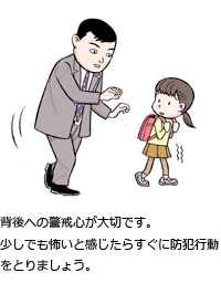 背後への警戒心が大切です。少しでも怖いと感じたらすぐに防犯行動をとりましょう。