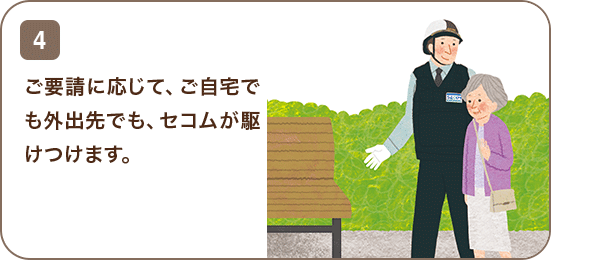 4 ご要請に応じて、ご自宅でも外出先でも、セコムが駆けつけます。