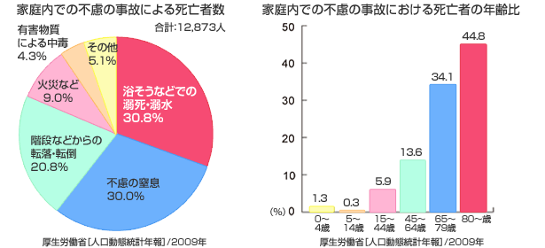 グラフ:家庭内での不慮の事故による死亡者数 家庭内での不慮の事故における死亡者の年齢比