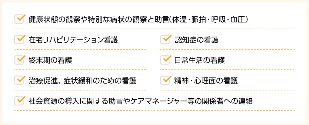 健康状態の観察や特別な病状の観察と助言（体温・脈拍・呼吸・血圧）在宅リハビリテーション看護認知症の看護終末期の看護日常生活の看護治療促進、症状緩和のための看護精神・心理面の看護社会資源の導入に関する助言やケアマネージャー等の関係者への連絡